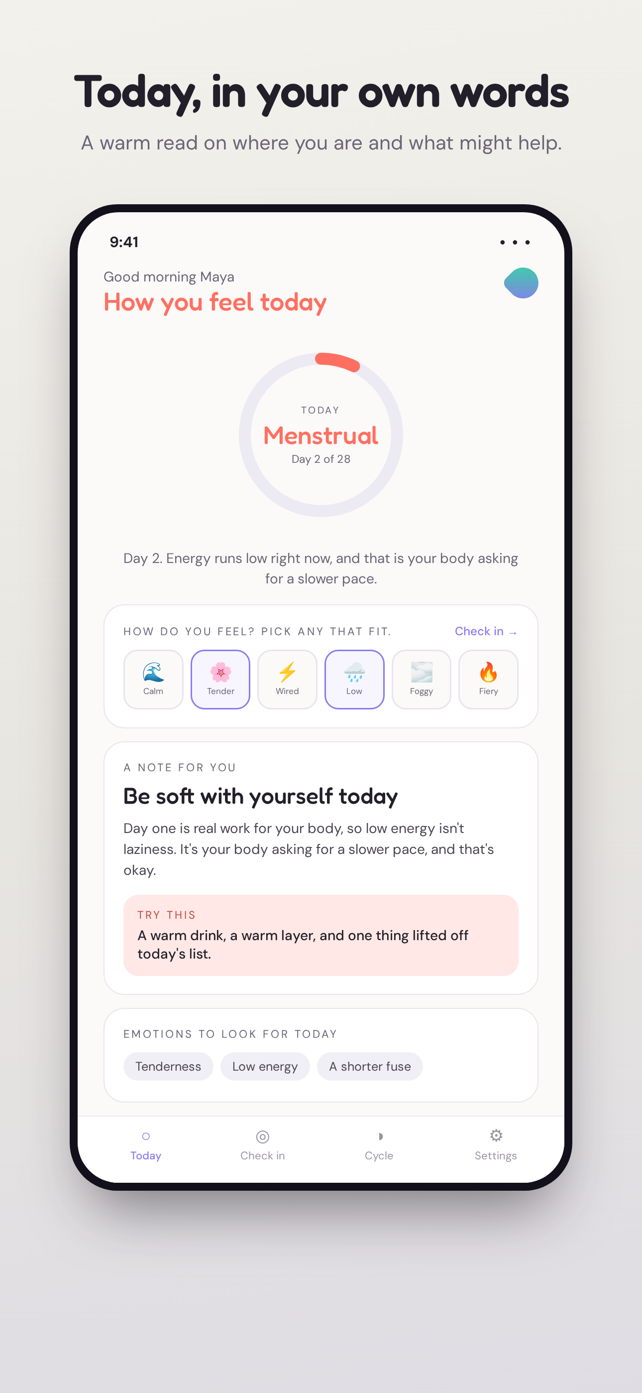 Tide Today screen showing the current phase, mood picker, and a note for you