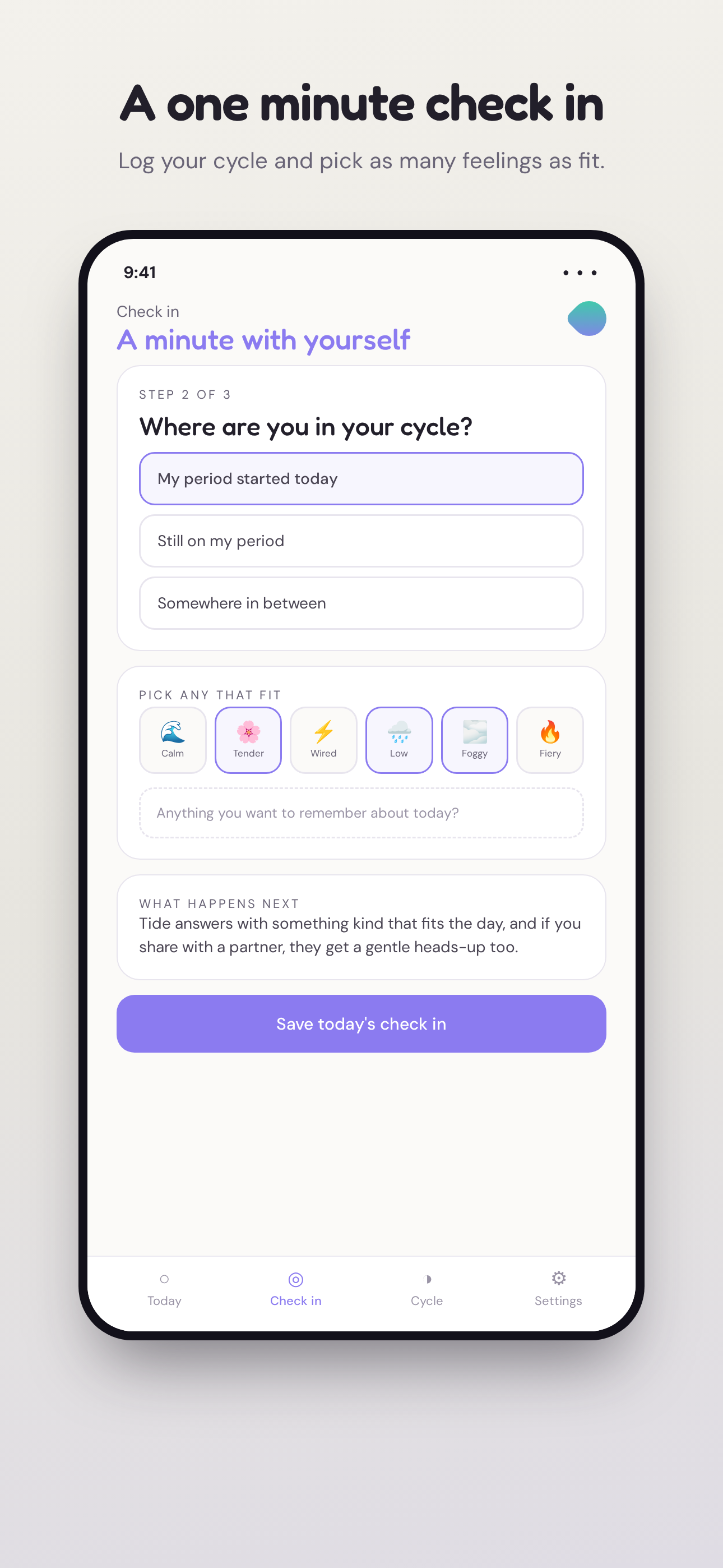 Tide check in screen with multiple selectable feelings and a private note