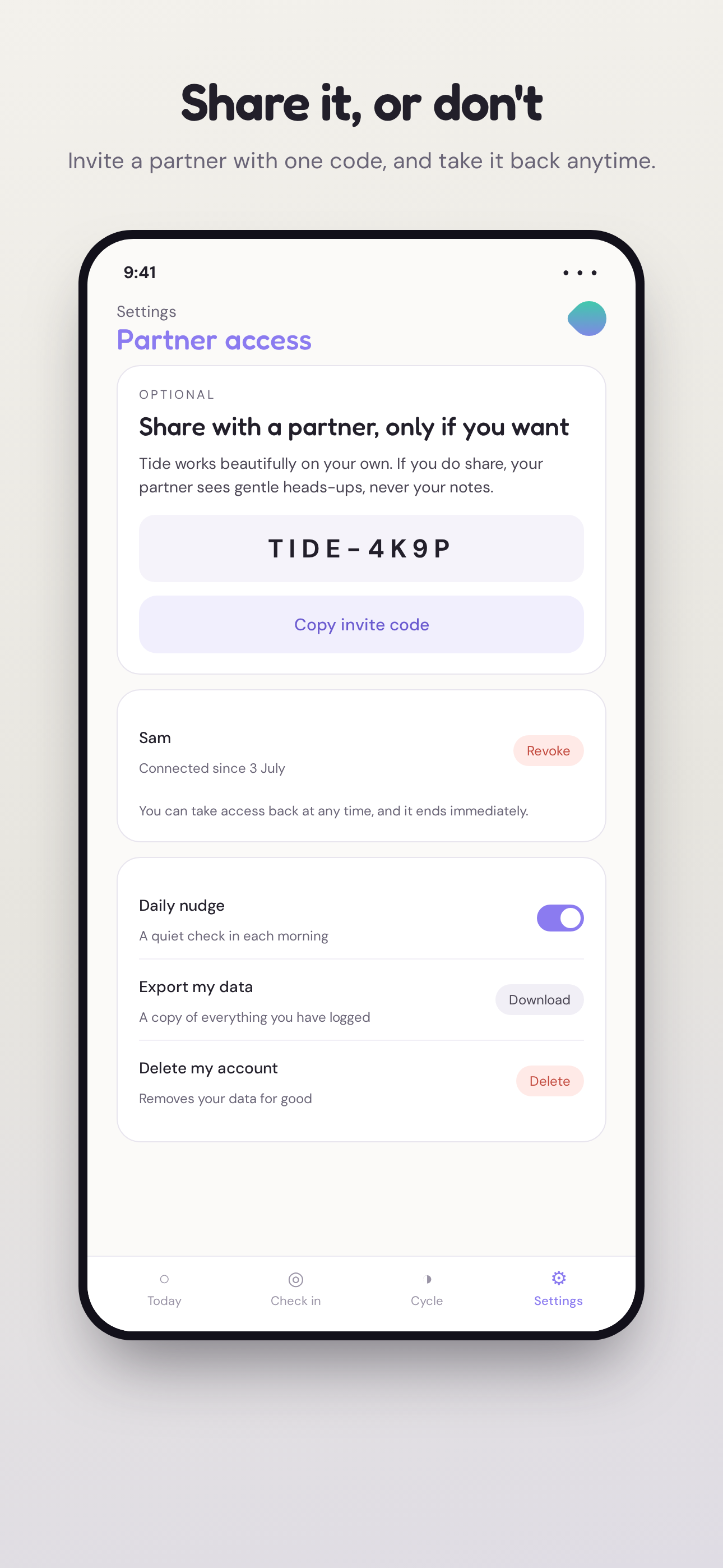 Tide partner access screen with an invite code and revoke button
